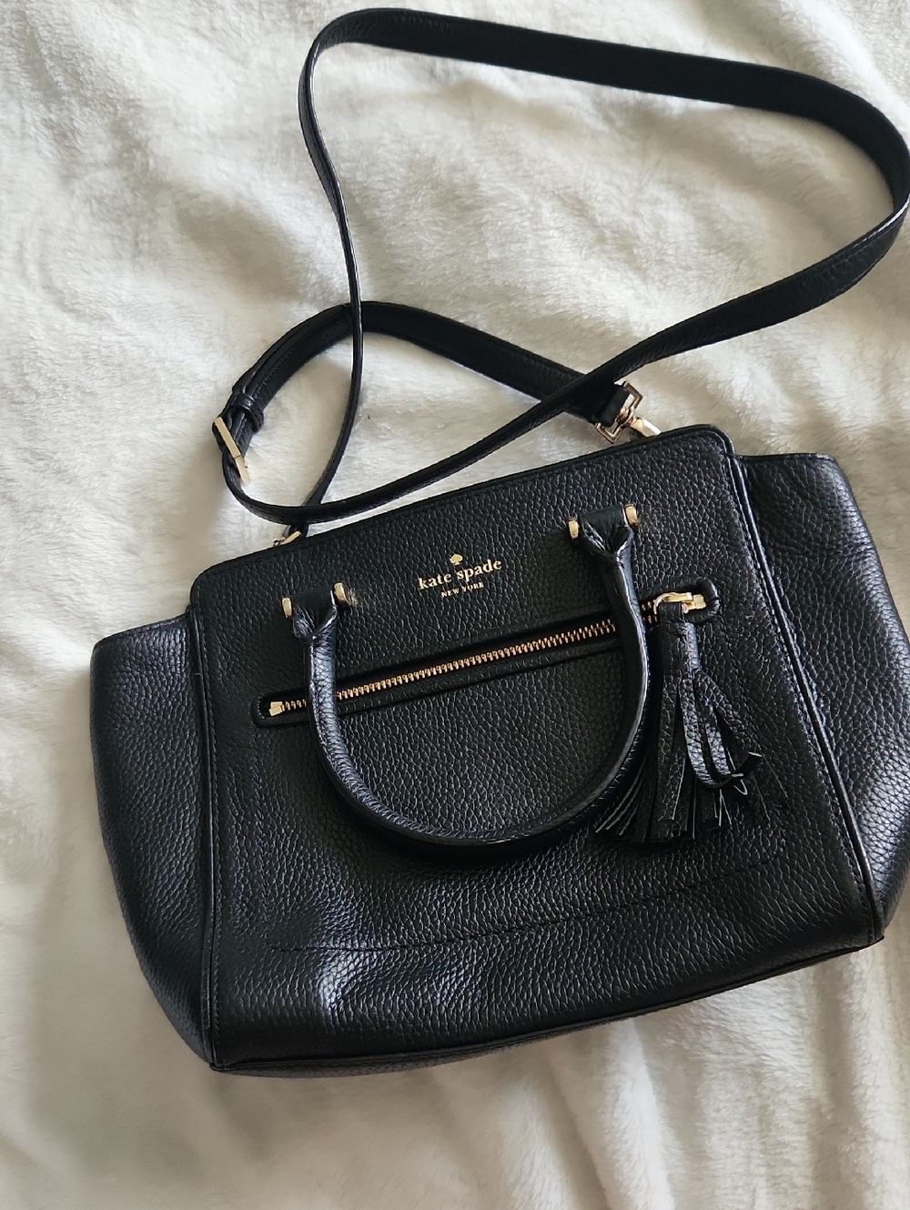 kate spade Black Pebbled Leather Satchel with Tassel